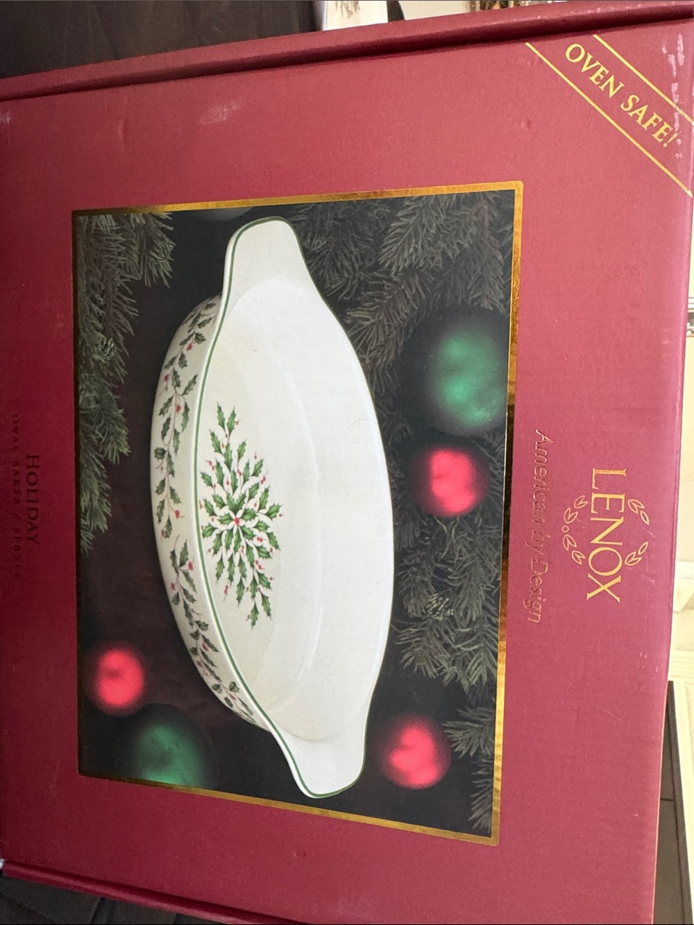 Lenox White Holiday Serving Dish with Green Holly and Red Berries